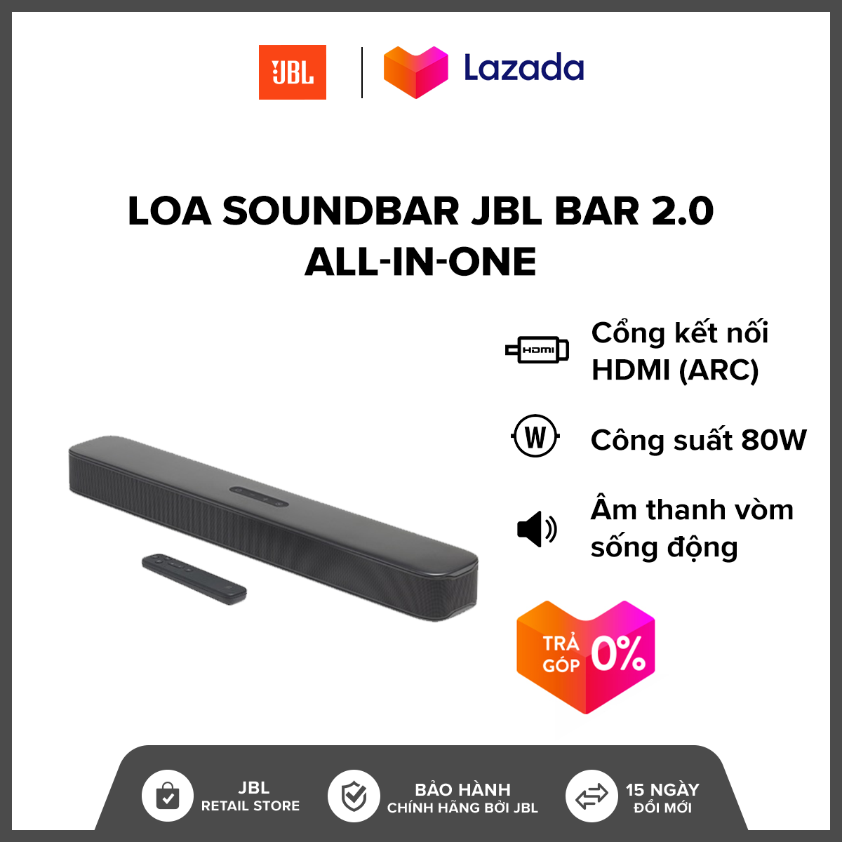 Loa Soundbar JBL Bar 2.0 All-in-one l Công suất: 80W l HÀNG CHÍNH HÃNG