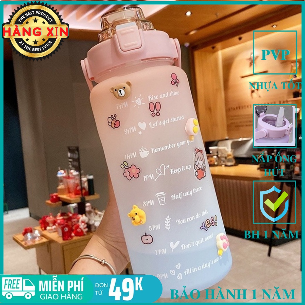 [TẶNG STICKERS] Bình đựng nước 2L dễ thương chia vạch báo giờ nhắc uống nước có ống hút tiện lợi cao cấp