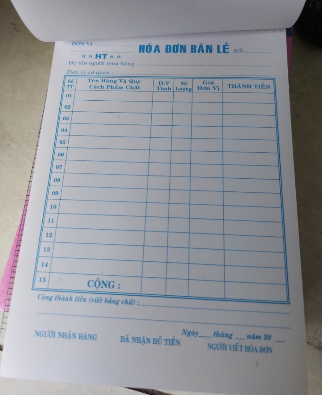 1 Cuốn Hoá đơn bán lẻ 1 liên và 2 liên,  Oder