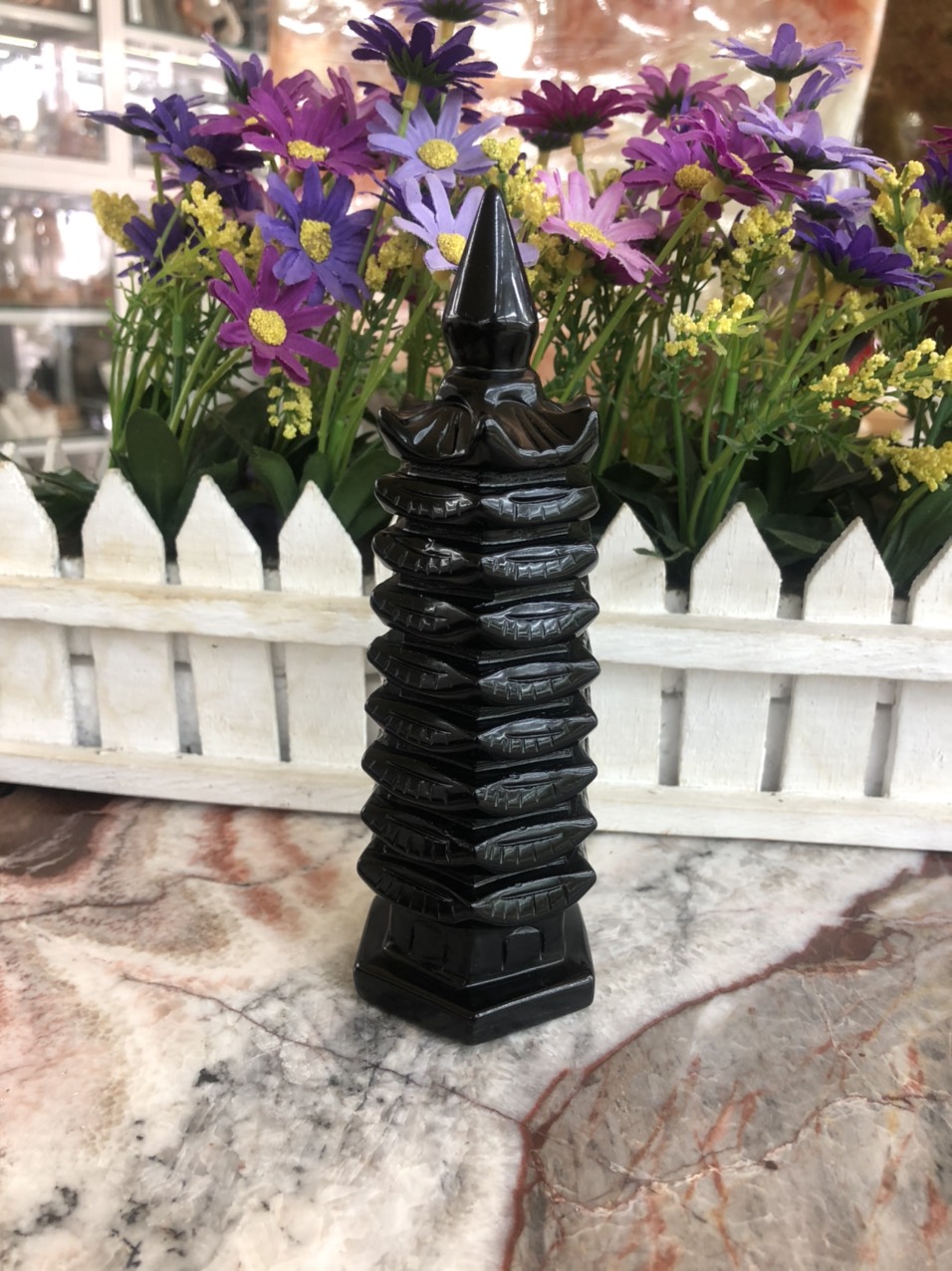 Tháp văn xương đá thạch anh đen - Cao 13 cm