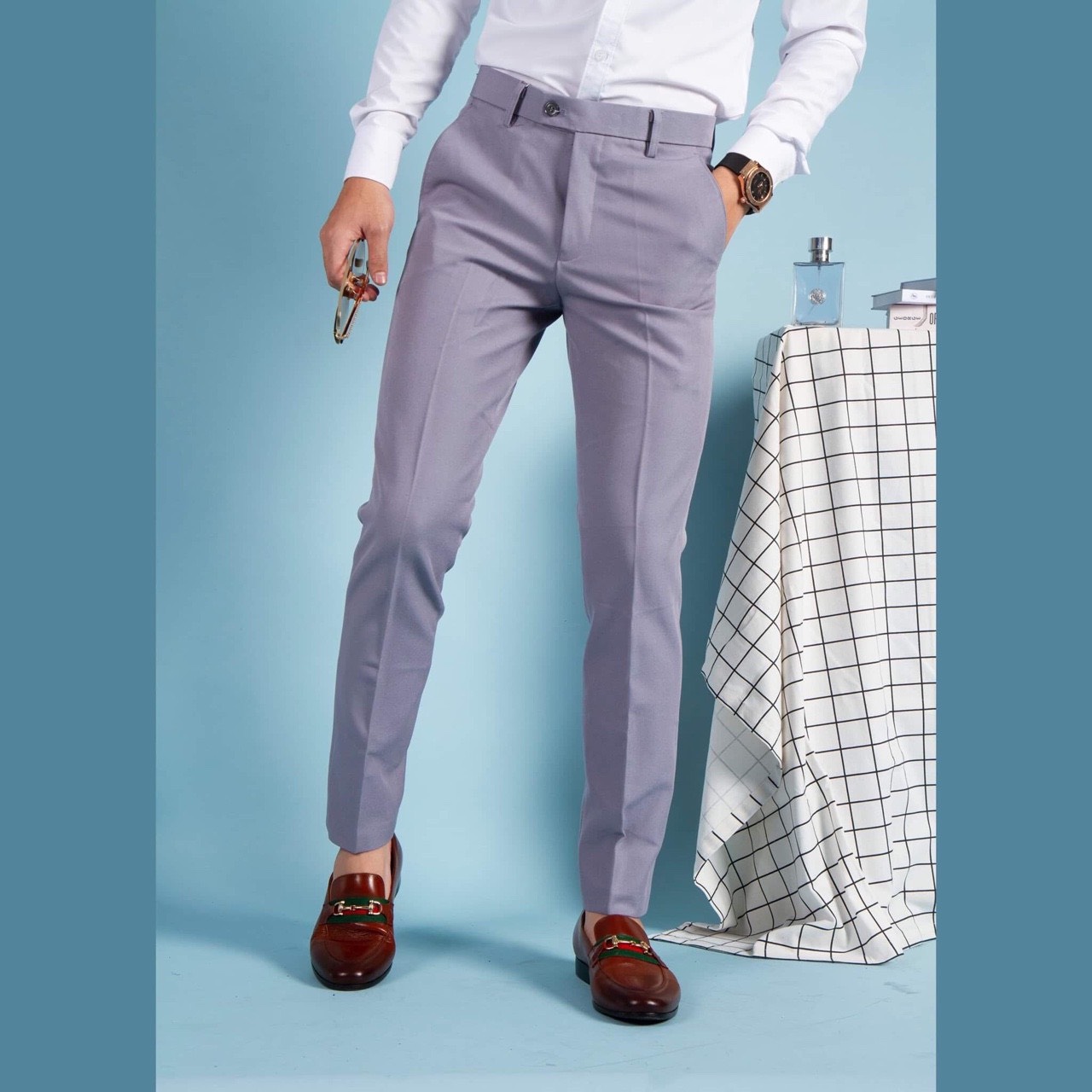 Quần tây âu nam vải lụa cotton dáng ôm co giãn không nhăn thời trang công sở cao cấp