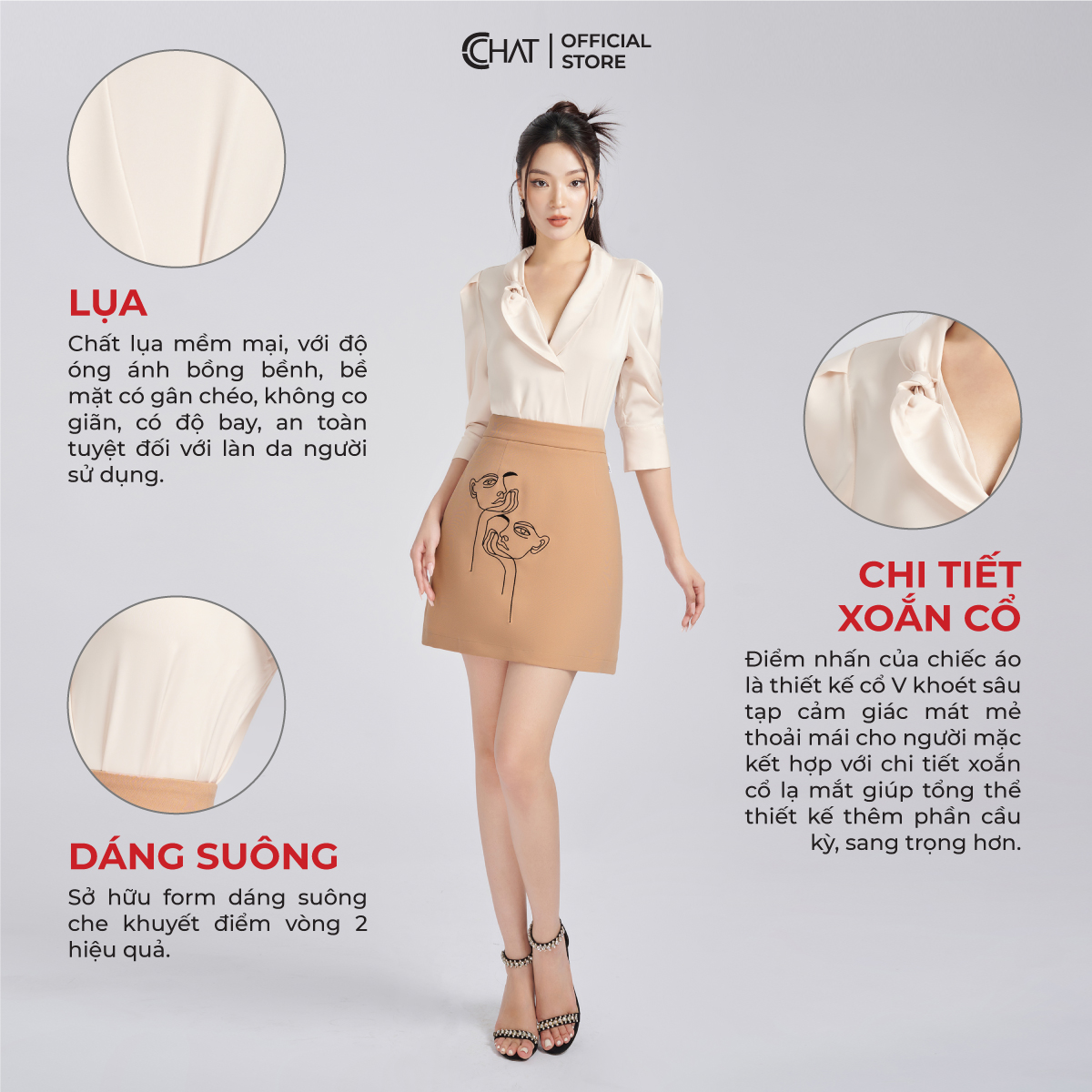 Áo Sơ Mi Nữ CCHAT Vạt Chéo Cổ Nút Chất Lụa Cao Cấp 53FNL2015ST