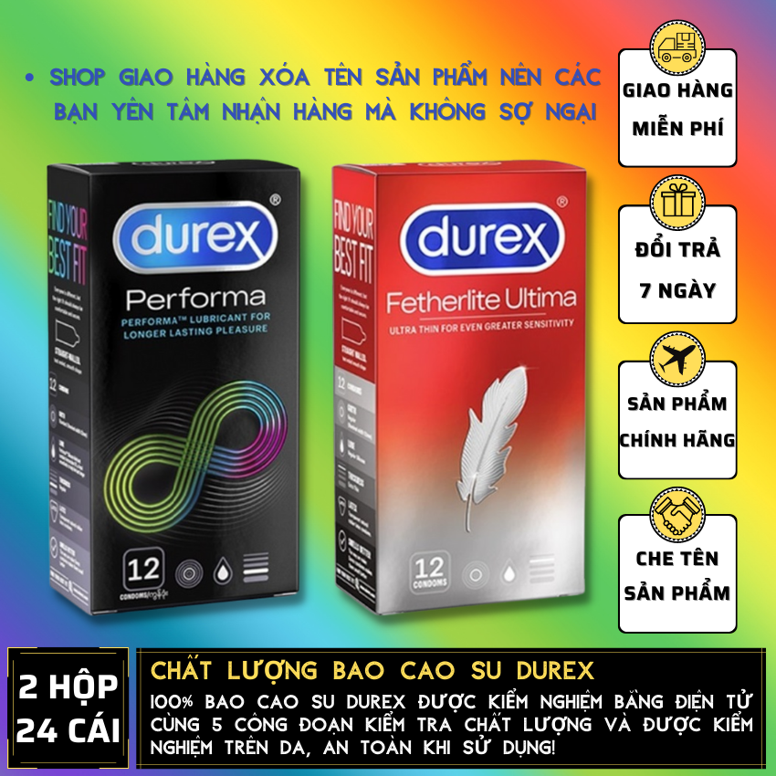 02 Hộp  Bao Cao Su Durex Performa kéo dài thời gian quan hệ + Durex Fetherlite siêu mỏng [Che tên sản phẩm]