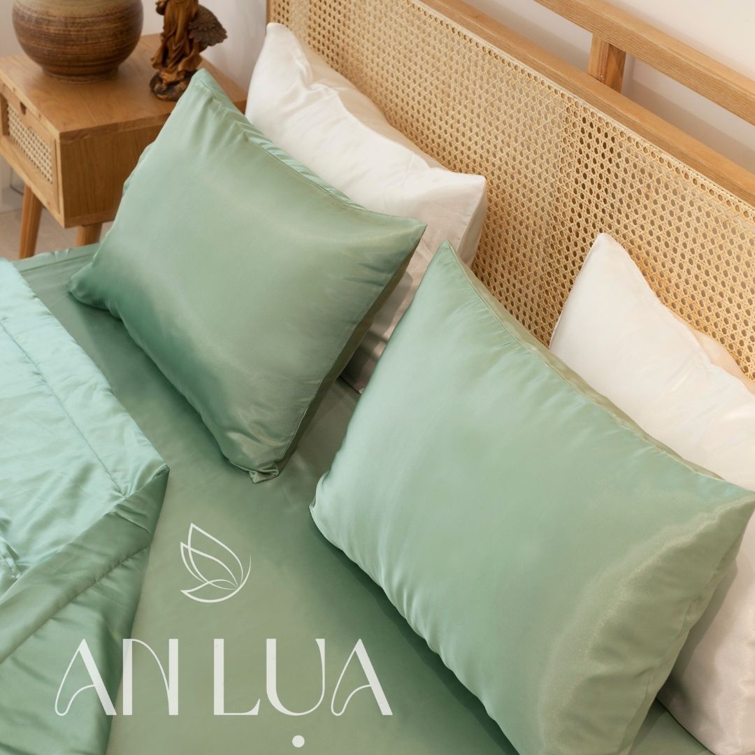 Bộ chăn drap 5 món An Lụa vải lụa mịn mát và thân thiện cho da - Xanh đậu