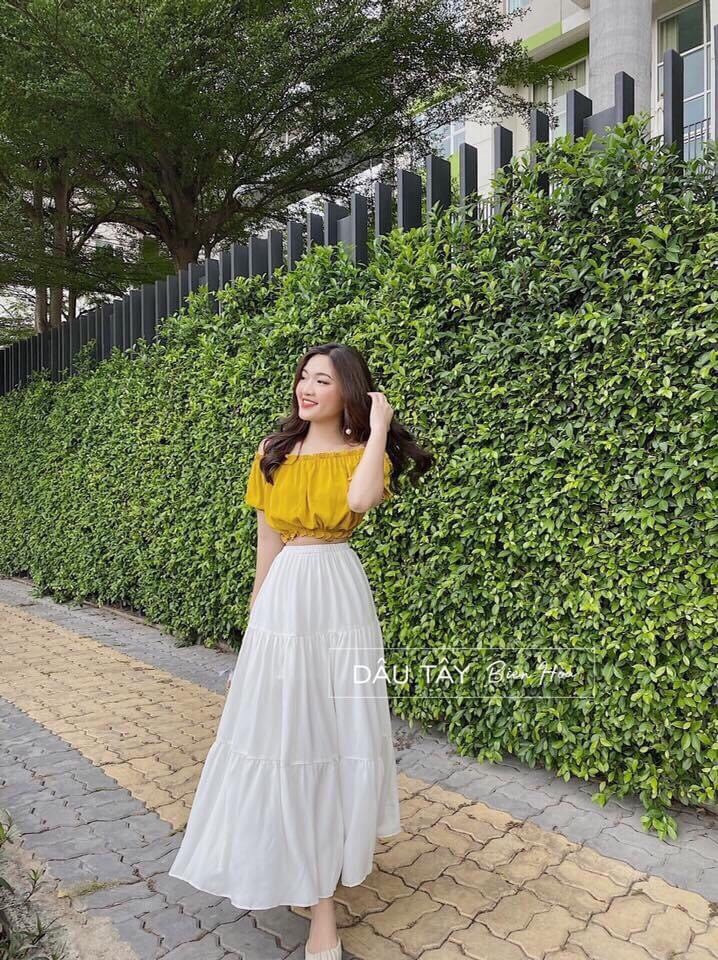 [HCM]Set váy rời chân váy maxi +áo bẹt vai tay lỡ cực đẹp