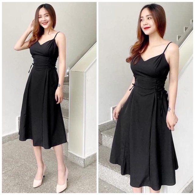 Đầm đen 2 dây đan eo