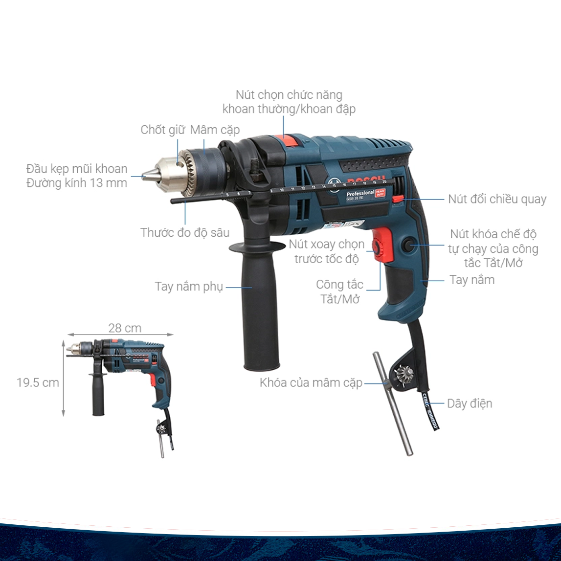 Máy khoan động lực Bosch GSB 16 RE 750W (Xanh đen)