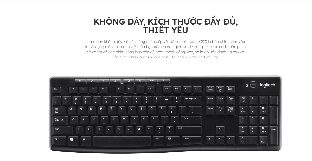Bàn phím không dây LOGITECH WIRELESS K270 (Đen) Chính Hãng