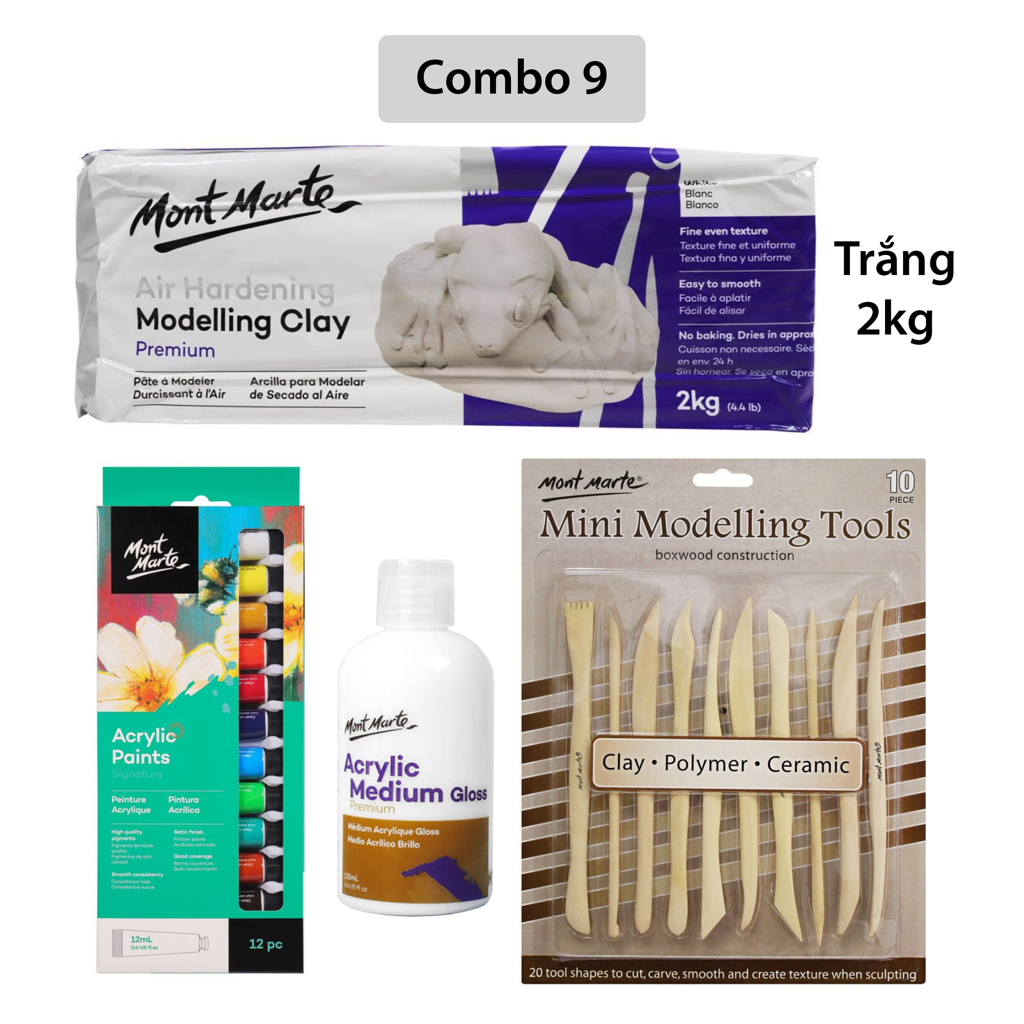 [Giao Hỏa Tốc] Combo Đất Sét Tự Khô 2kg Mont Marte và dụng cụ (Air Hardening Modelling Clay)