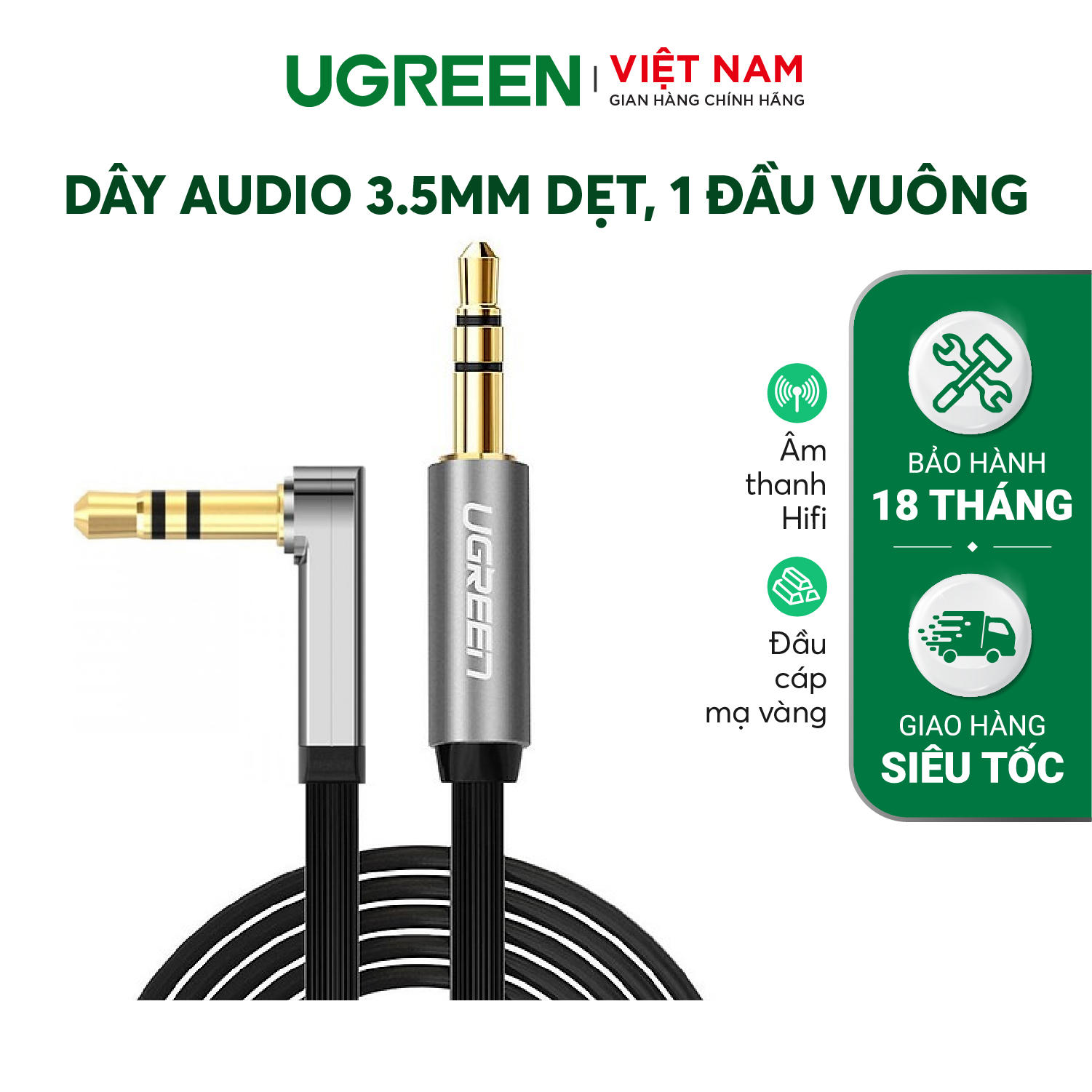 Dây Audio 3.5mm dẹt,mạ vàng 1 đầu vuông 90, TPE dài 1m UGREEN AV119 10597