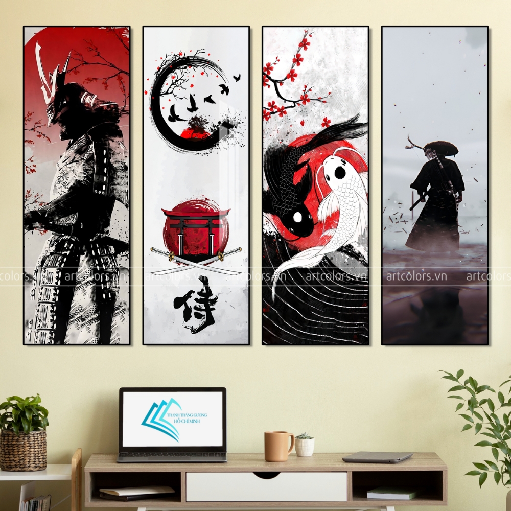 Tranh treo tường - tranh canvas cổ nhật bộ 4 tấm - kích thước 20x60cm x 4 tấm