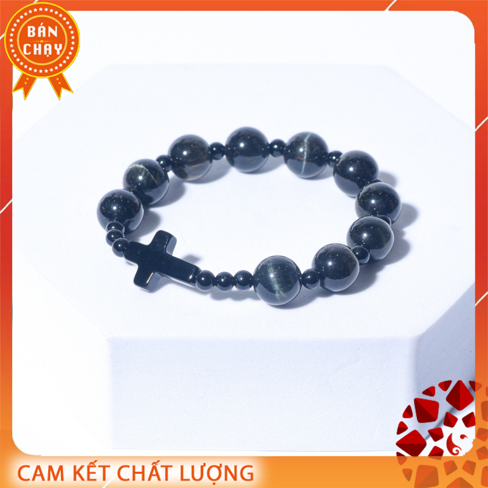 [HCM]Vòng Chuỗi Mân Côi Đá Mắt Hổ xanh 10mm mix Thánh Giá Mã Não Đen - Hợp mệnh Thủy Mộc | VietGemstones