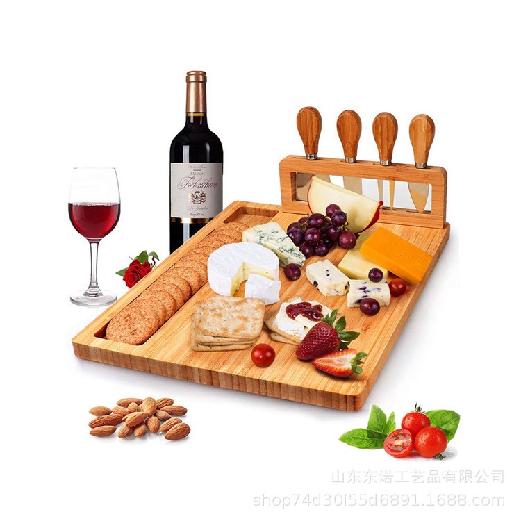 Khay gỗ thớt gỗ đựng đồ ăn, phô mai kèm set dao