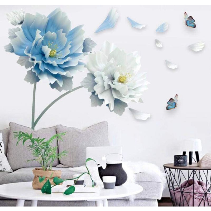 Decal dán tường hoa xanh 3D dán phòng khách