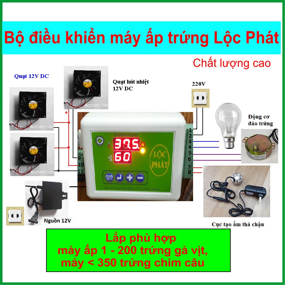 Bộ Điều Khiển Máy Ấp Trứng Mini Lộc Phát Đầy Đủ Chức Năng Tự Động, Điều Khiển Nhiệt Độ Điều Áp, Điều Khiển Đảo Trứng Tự Động, Điều Khiển Độ Ẩm, Hút Nhiệt Tự Động