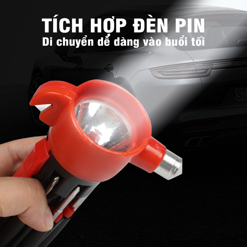 Búa thoát hiểm phá kính đa năng 8 trong 1 tích hợp tua vít và đèn pin cao cấp