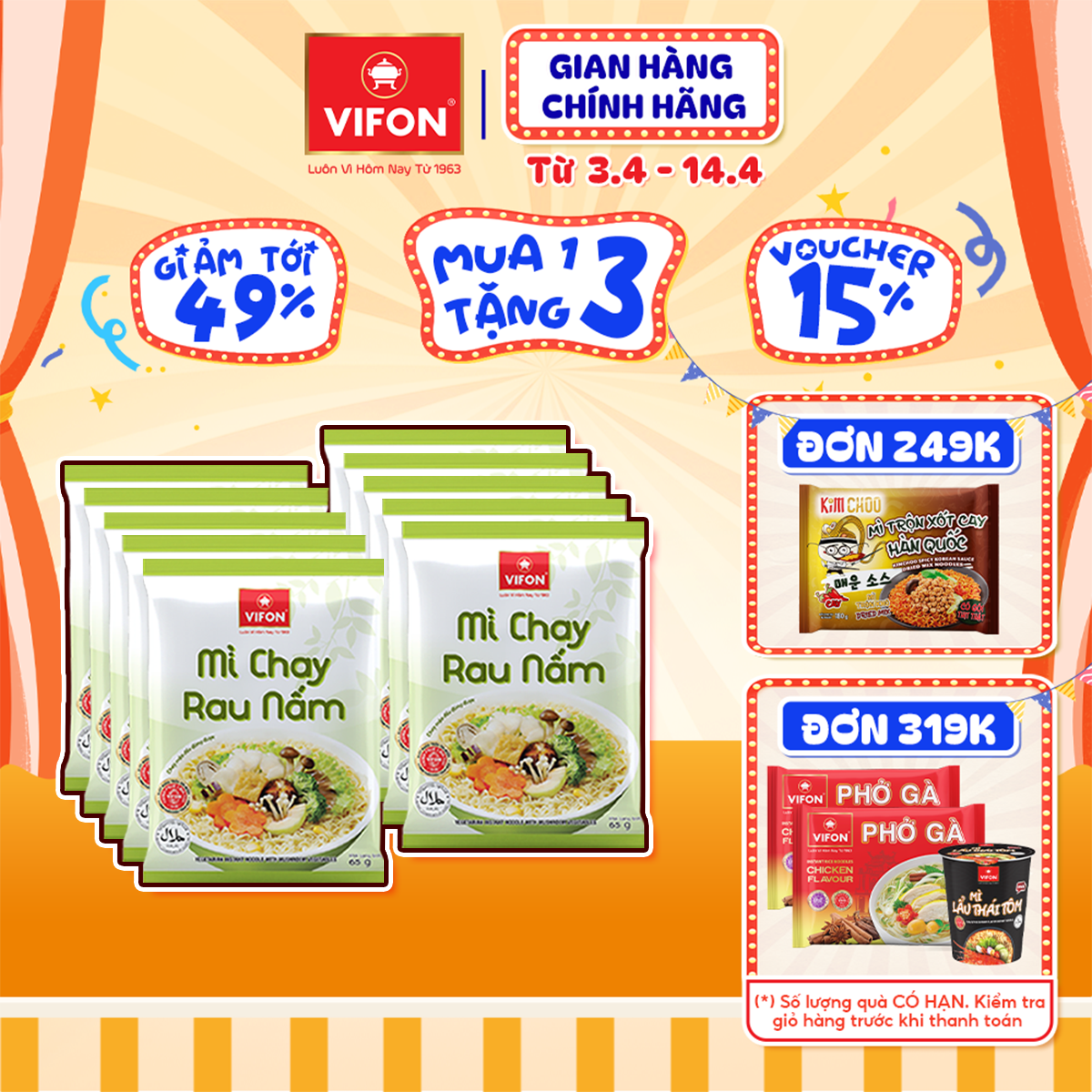 [VOUCHER 20%, LAZCOIN 10%] Thùng 30 gói Mì Chay Rau Nấm VIFON 65gr/Gói