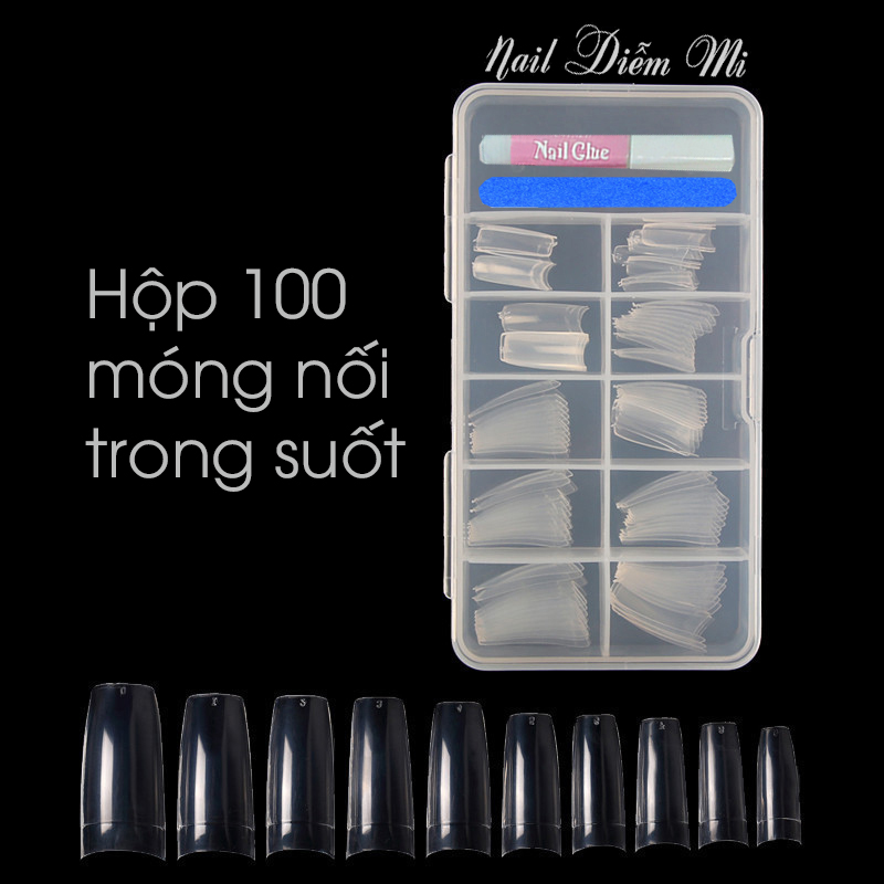 Hộp 100 móng nối dùng đắp móng bột, đắp gel (tặng miếng bông chùi sạch móng )