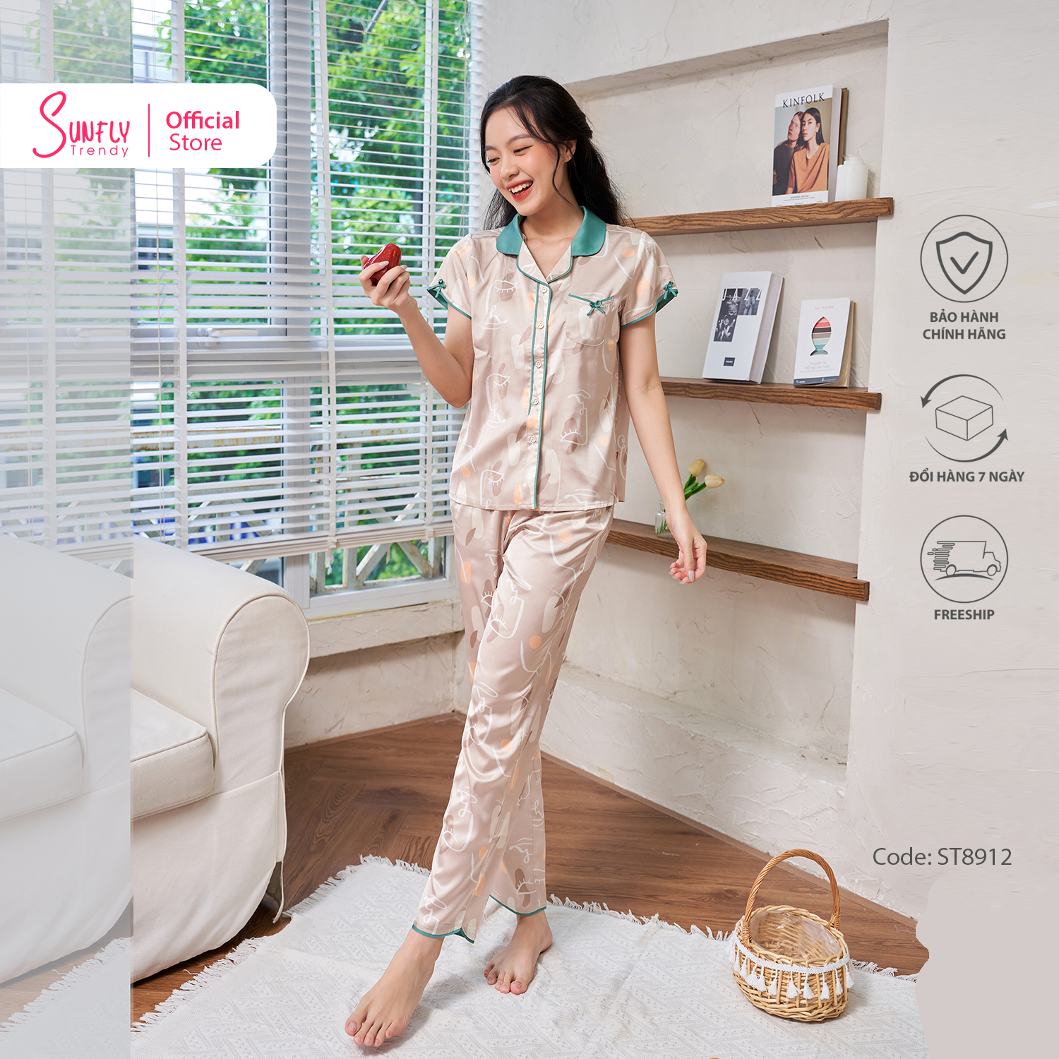 [VOUCHER ĐỘC QUYỀN 15.1 - GIẢM 15% TỐI ĐA 100K]Bộ Đồ Mặc Nhà Nữ Pyjamas Lụa SUNFLY Áo Cộc Quần Dài ST8912