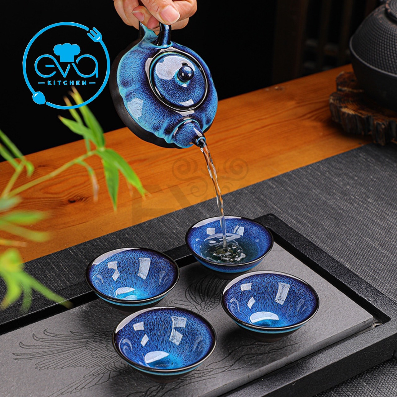 Bộ Ấm 6 Chén Pha Trà Men Xanh Thiên Mục Cao Cấp