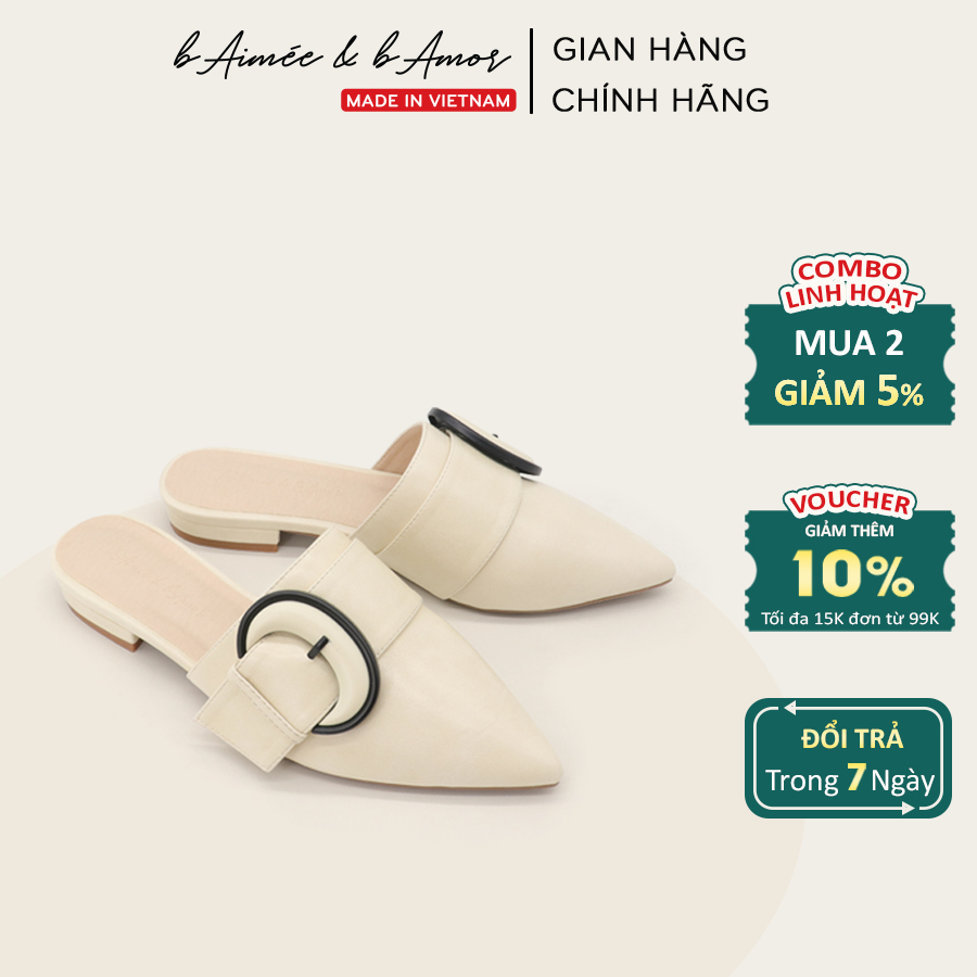 Giày sục nữ mũi nhọn bít mũi gót vuông cao 2cm đính khuy thời trang bAimée