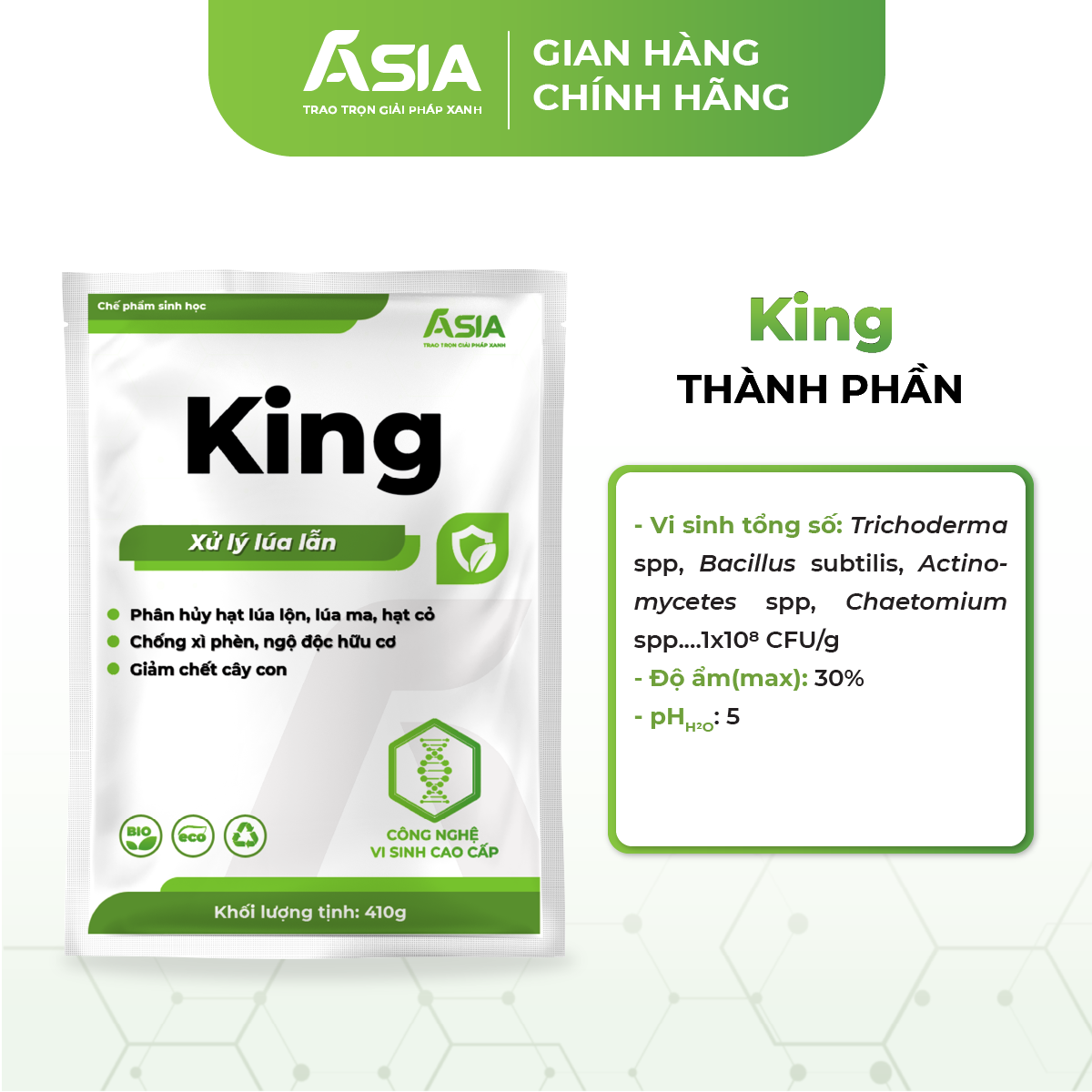 KING Xử lý lúa lộn, lúa ma, lúa lẫn, lúa 2 tầng Chế phẩm sinh học ASIA 410g