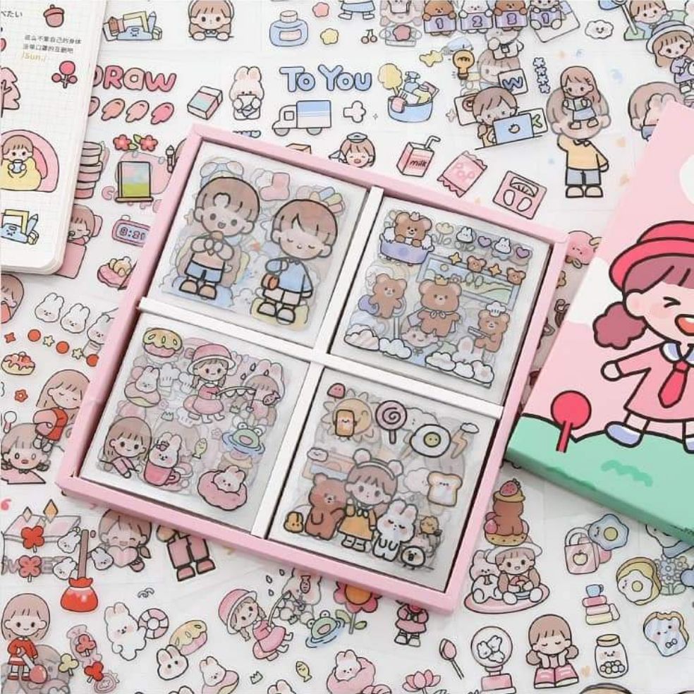 Bộ 1000 sticker dán cô bé và chú thỏ Telado Happyday hồng kèm hộp (Set 100 sticker slides)