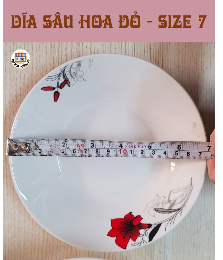 Dĩa tròn sâu gốm sứ họa tiết Hoa đỏ
