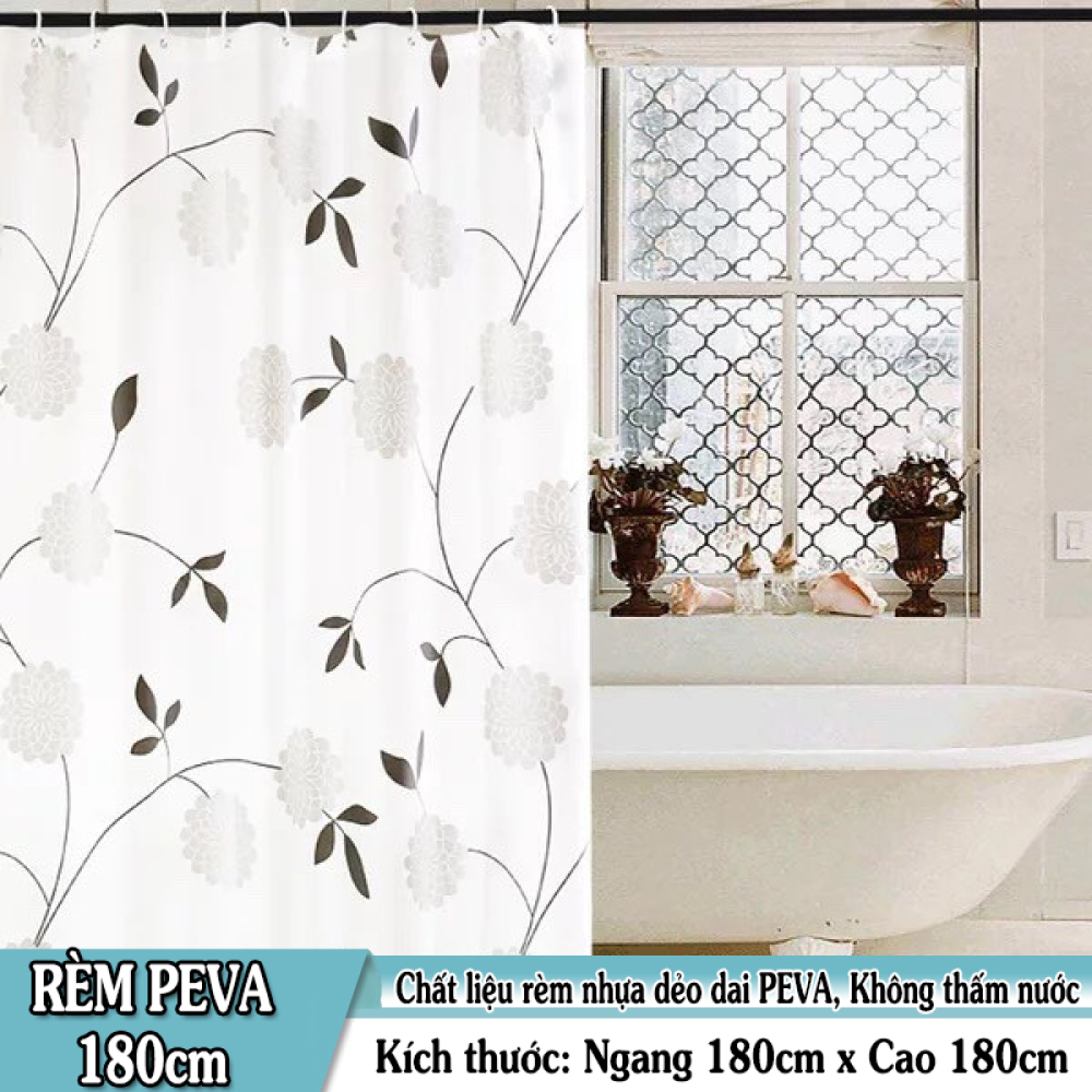 [HCM]Rèm Phòng Tắm / Rèm Cửa Sổ Trắng Họa Tiết Hoa Cúc Đen 180cm X 180cm Loại 1