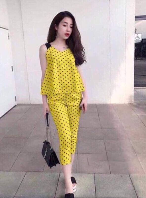 Set đồ bộ thun, quần lửng áo 2 dây chấm bi siêu mát cho nữ