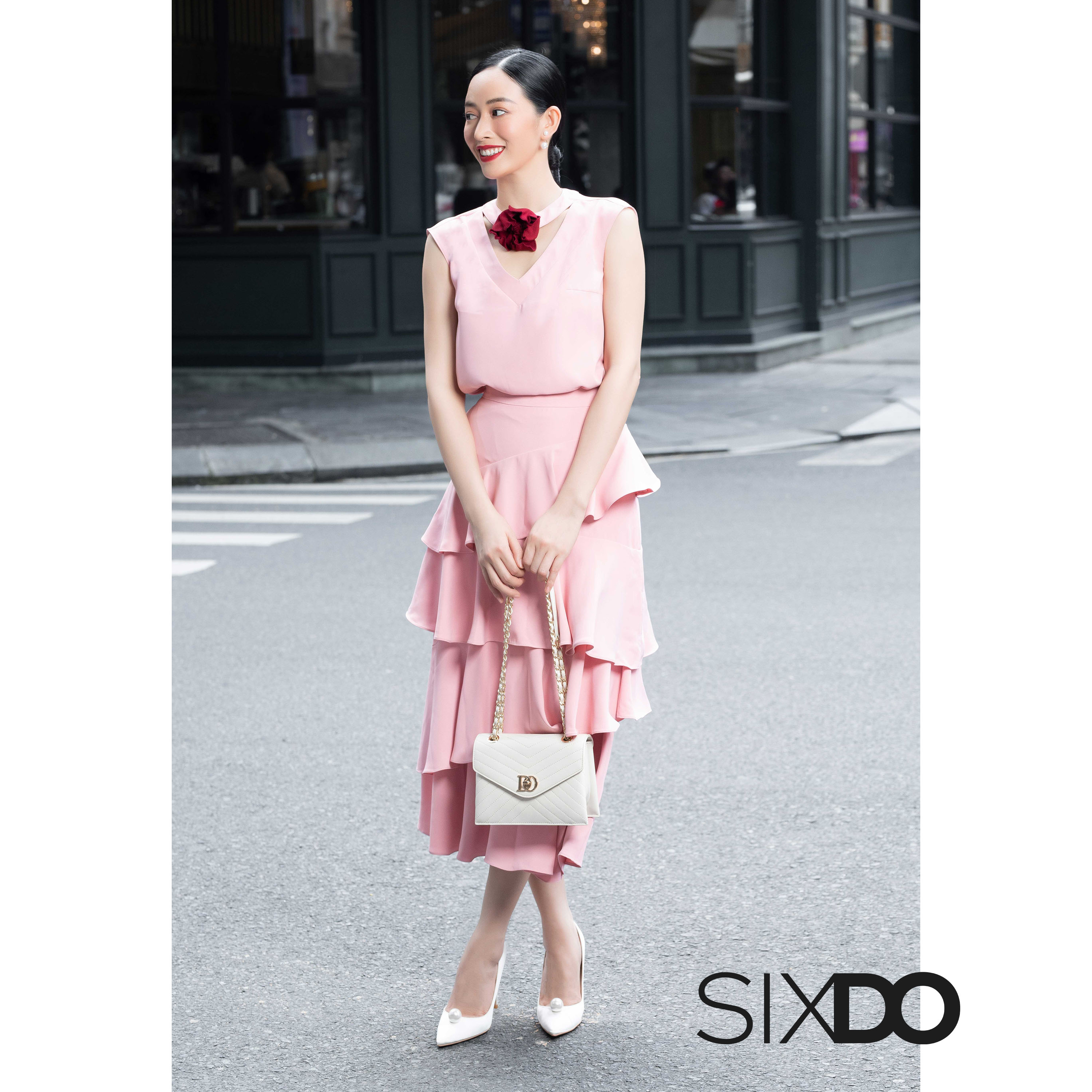 Chân váy lụa xếp tầng SIXDO (Peach Pink Ruffle Midi Silk Skirt)