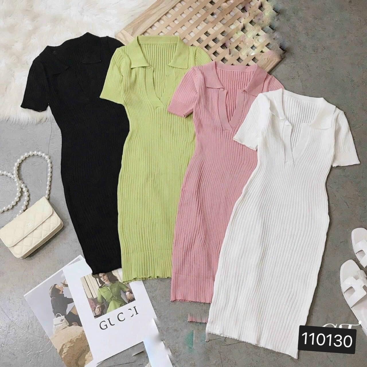 Đầm Gân Body Tay Ngắn Cổ Bẻ Trơn Basic