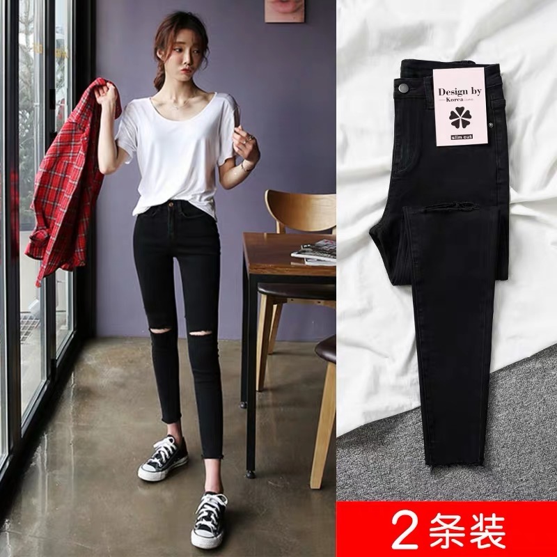 Quần Jean Nữ Lưng Cao Chất Liệu Co Giãn ĐEN RÁCH GỐI NỮ PHƯƠNG VI FASHION PVDR.10 ( SET QUẦN JEAN + ÁO THUN ĐẶT RIÊNG )