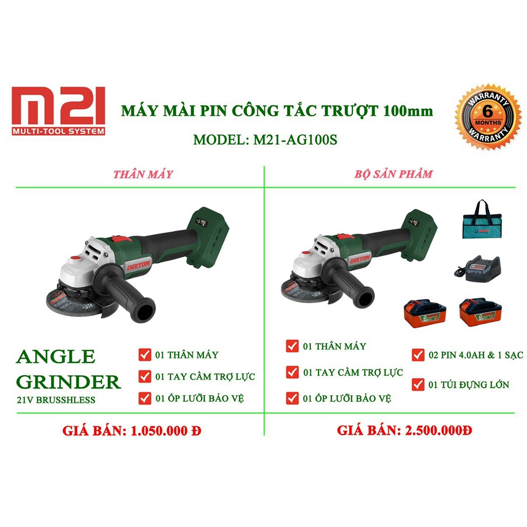 Máy mài dùng pin không than M21 Dekton AG100S (chỉnh tốc 3 cấp)