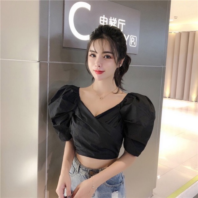 [HCM]Áo kiểu croptop đắp chéo tay phồng
