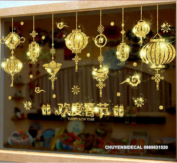 Decal trang trí Tết - Rèm lồng đèn Nhũ Kim tuyến