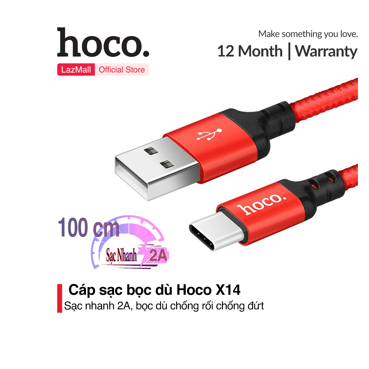 Cáp sạc nhanh và truyền dữ liệu Type C Hoco X14 dành cho Samsung/Oppo/Huawei ( Hỗ trợ sạc nhanh 2A Max dây bọc dù chống rối ) Dài 1m