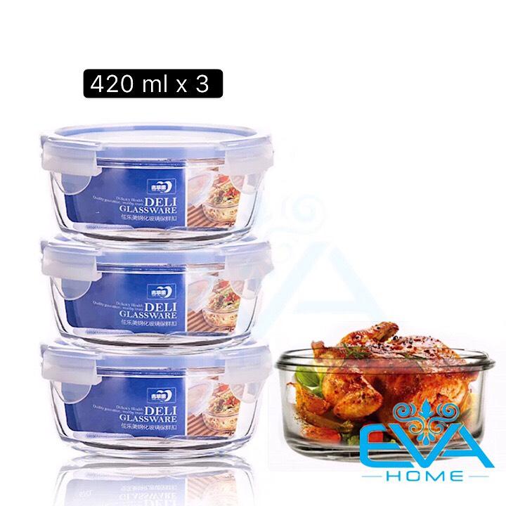 [HCM]Bộ 3 Hộp Thủy Tinh Tròn Đựng Thực phẩm 420 ML Food Storage Glass Contaier