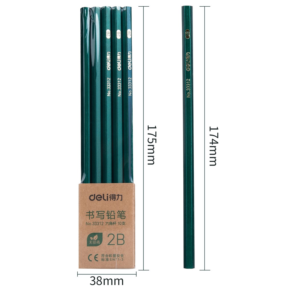 Hộp 10 bút chì gỗ lục giác deli - 2b/hb, bút chì vẽ phác thảo - 33311/33158