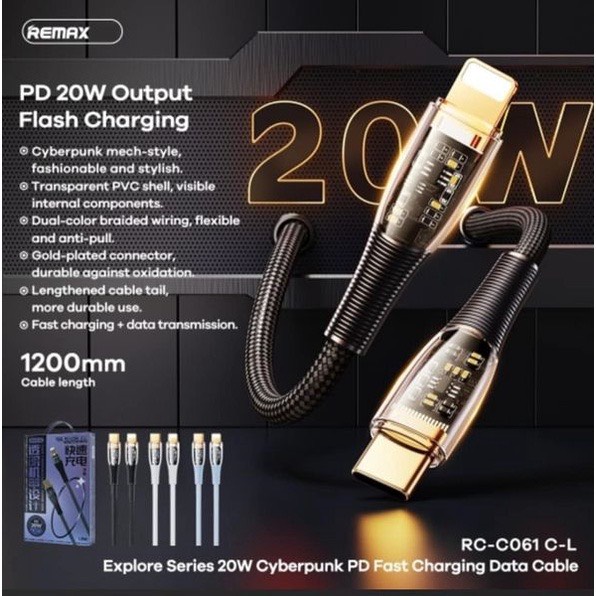 Cáp sạc nhanh Remax RC-C061 PD 20W cổng Type C ra Lightning (Trong suốt)