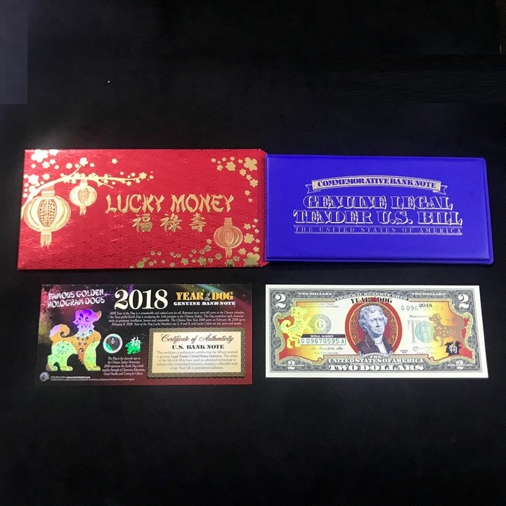 [HCM]Tiền kỷ niệm 2 USD hình con chó 2018 Màu xanh đỏ và vàng Tờ tiền dài 15cm ngang 6.5cm - TLX048
