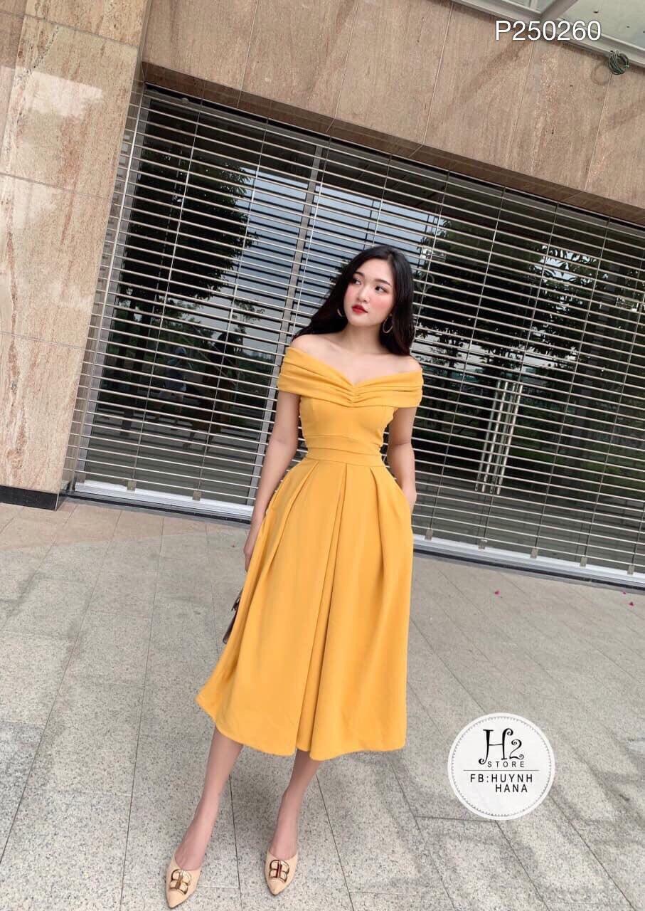 Đầm maxi nữ trễ vai chất kate lụa freesize dưới 55kg vàng đỏ