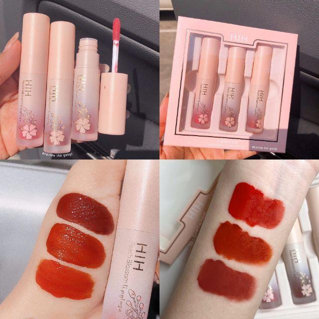 [HCM]Set son kem 3 cây hoa anh đào HIH Set 3 cây son kem Kiss Beauty hoa anh đào Son kem hàng nội địa Trung