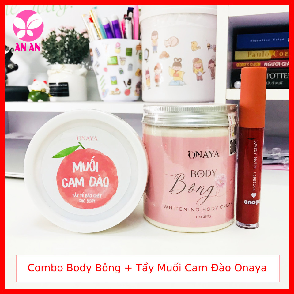 Combo Kem Body Bông 250gr Onaya + Tẩy tế bào Muối Cam Đào + Tặng Son - Hàng chính hãng