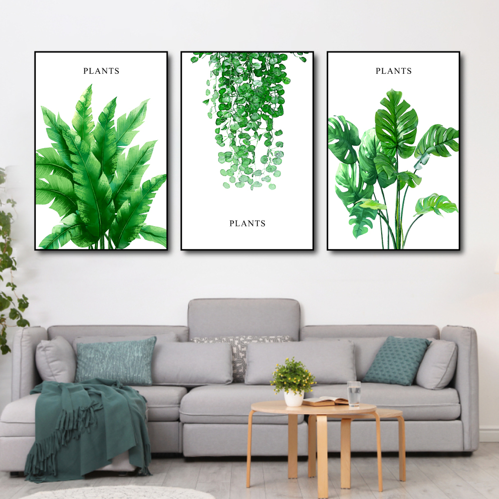 LaLaShop Bộ 3 Bức tranh Canvas treo tường tranh nghệ thuật tranh lá xanh phong cảnh thiên nhiên CÓ KHUNG trang trí tường phòng ngủ, decor phòng khách