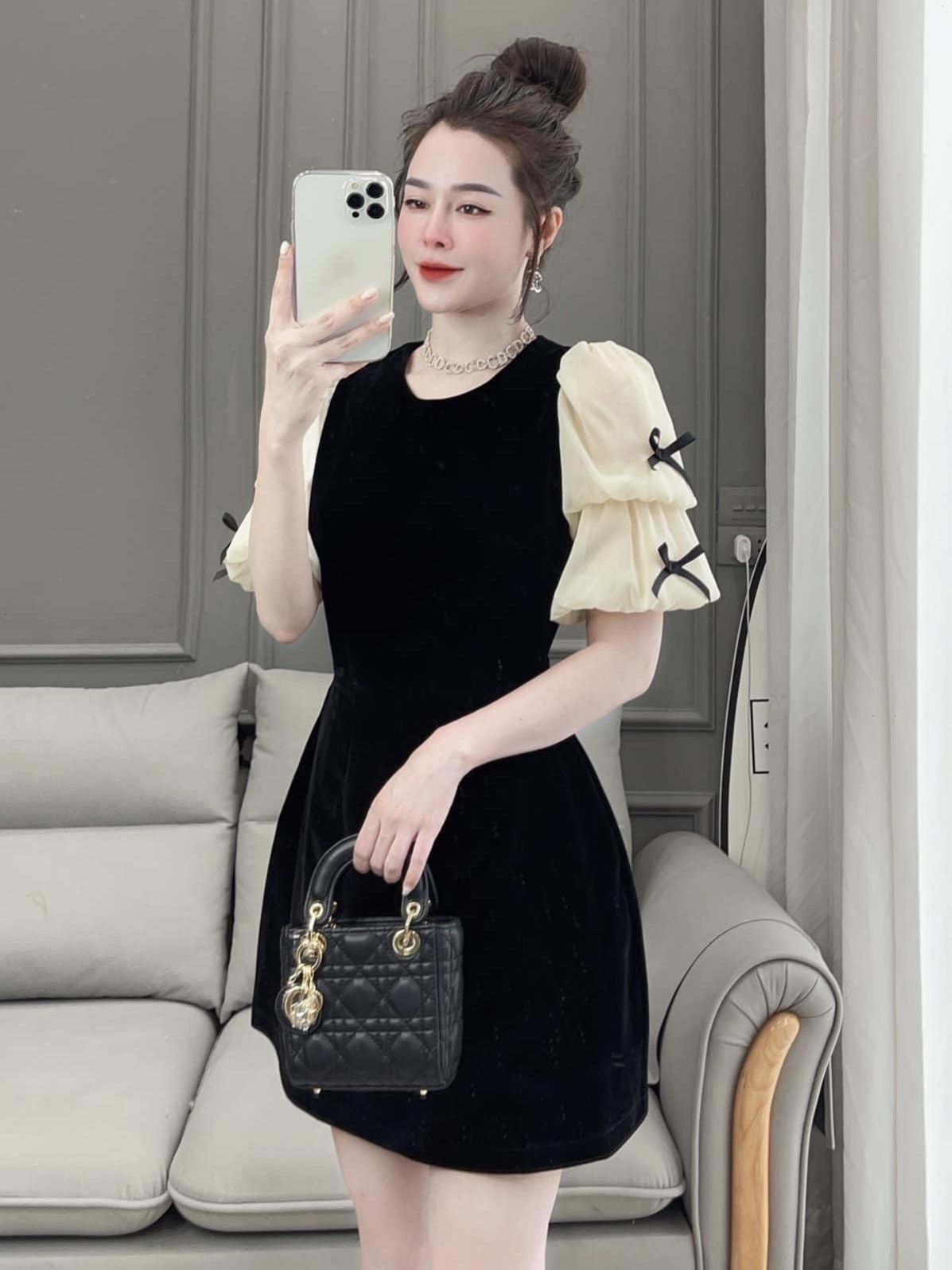 Váy Nhung Đen Phối Tay Bồng Đính Nơ Đầm Đi Tiệc Xinh Xắn Chuẩn Form Dáng, đầm nhung tay nơ, đầm nhung tiểu thư, váy nhung đen nữ tay bồng, váy nhung cao cấp, váy nhung đen