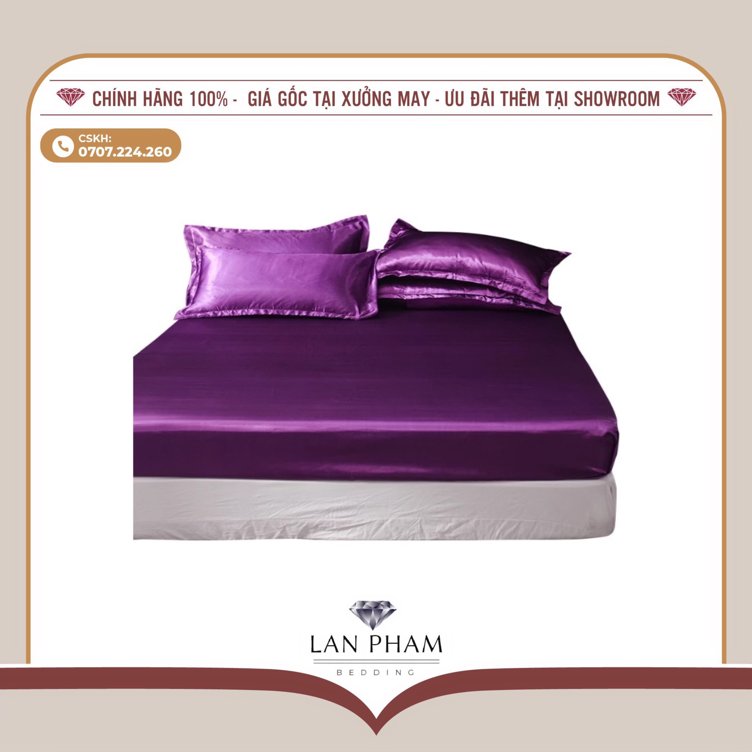 BỘ GA GIƯỜNG DRAP GỐI PHI LỤA MÀU TÍM HUẾ CAO CẤP LAN BEDDING