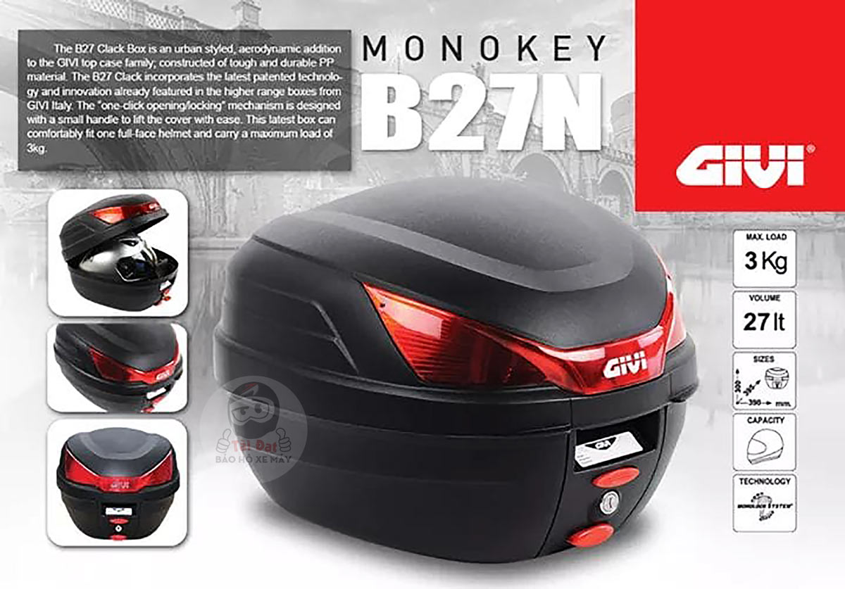 Thùng sau xe máy givi b27n clack 27 lít tặng kèm đế mp60n