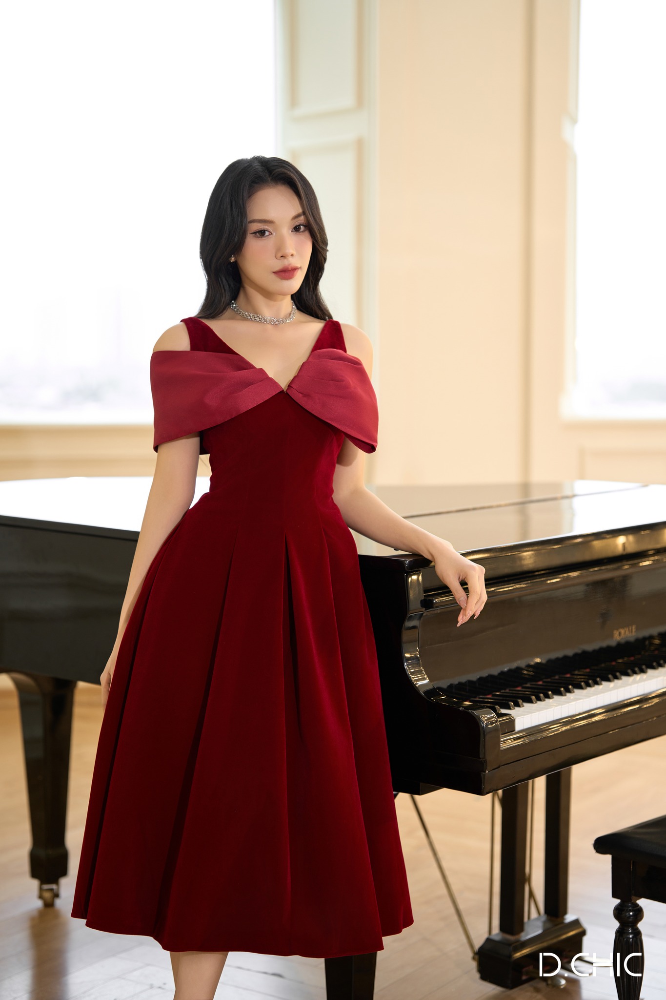 D.chic váy nhung cổ v phối nơ to ms: 2813224
