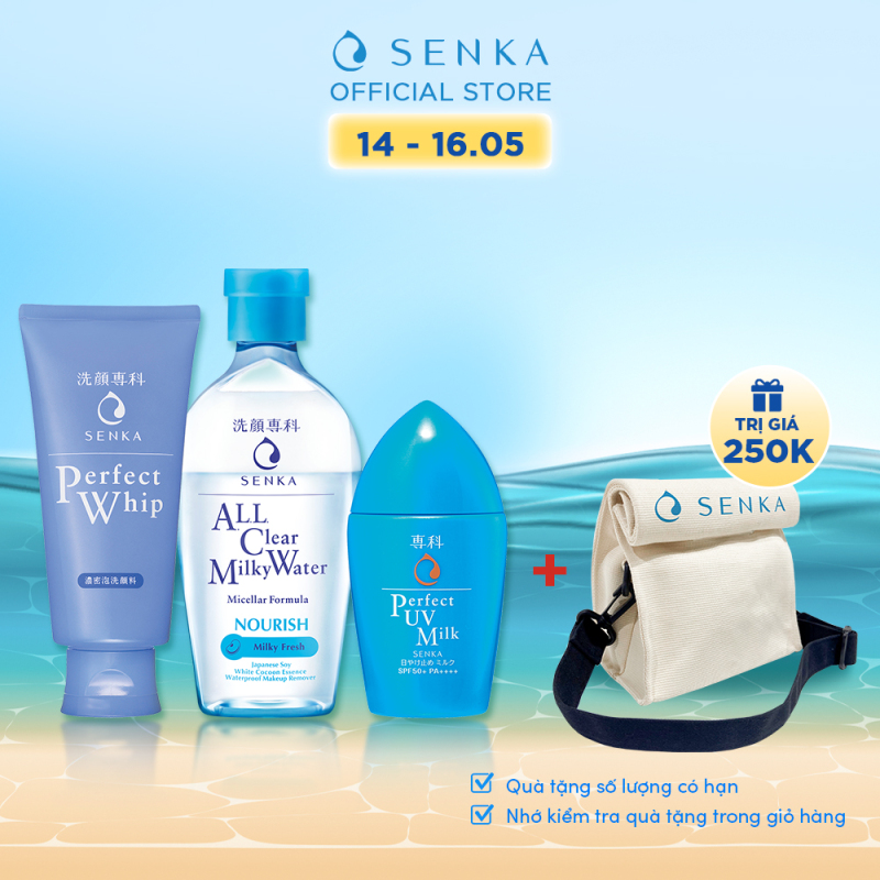 Bộ sản phẩm bảo vệ & làm sạch toàn diện Senka dành cho da dầu (Sữa chống nắng UV Milk SPF 50+/PA++++ + Nước sữa tẩy trang Milky + Sữa rửa mặt Whip)